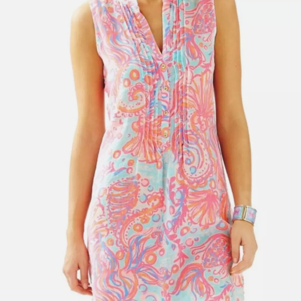 Lilly Pulitzer Linen Sleeveless Sarasota Tunic Dress in Too Much Bubbly Pink - L